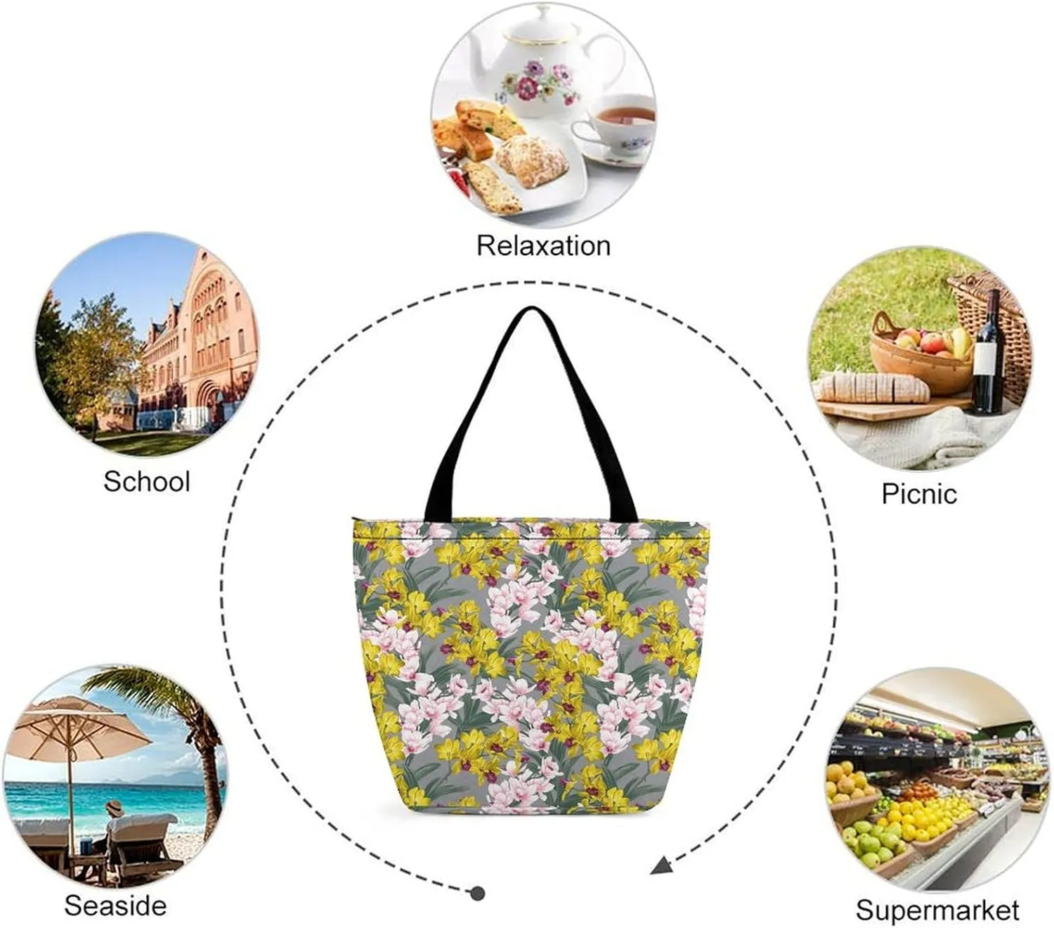 Yellow Pink Orchid Flowers Hobo Handbags With Zipper Women's Tote Handbags