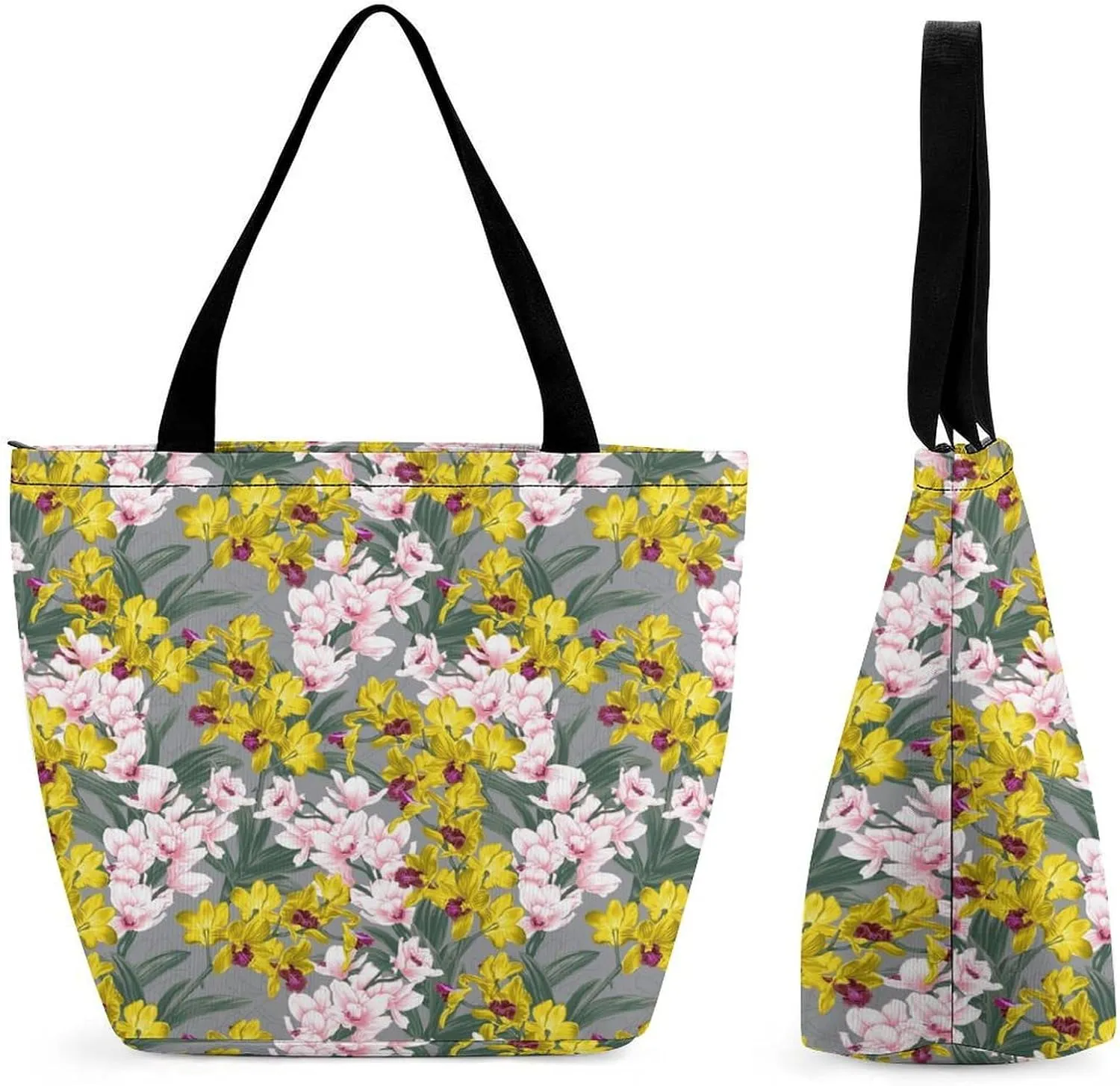Yellow Pink Orchid Flowers Hobo Handbags With Zipper Women's Tote Handbags