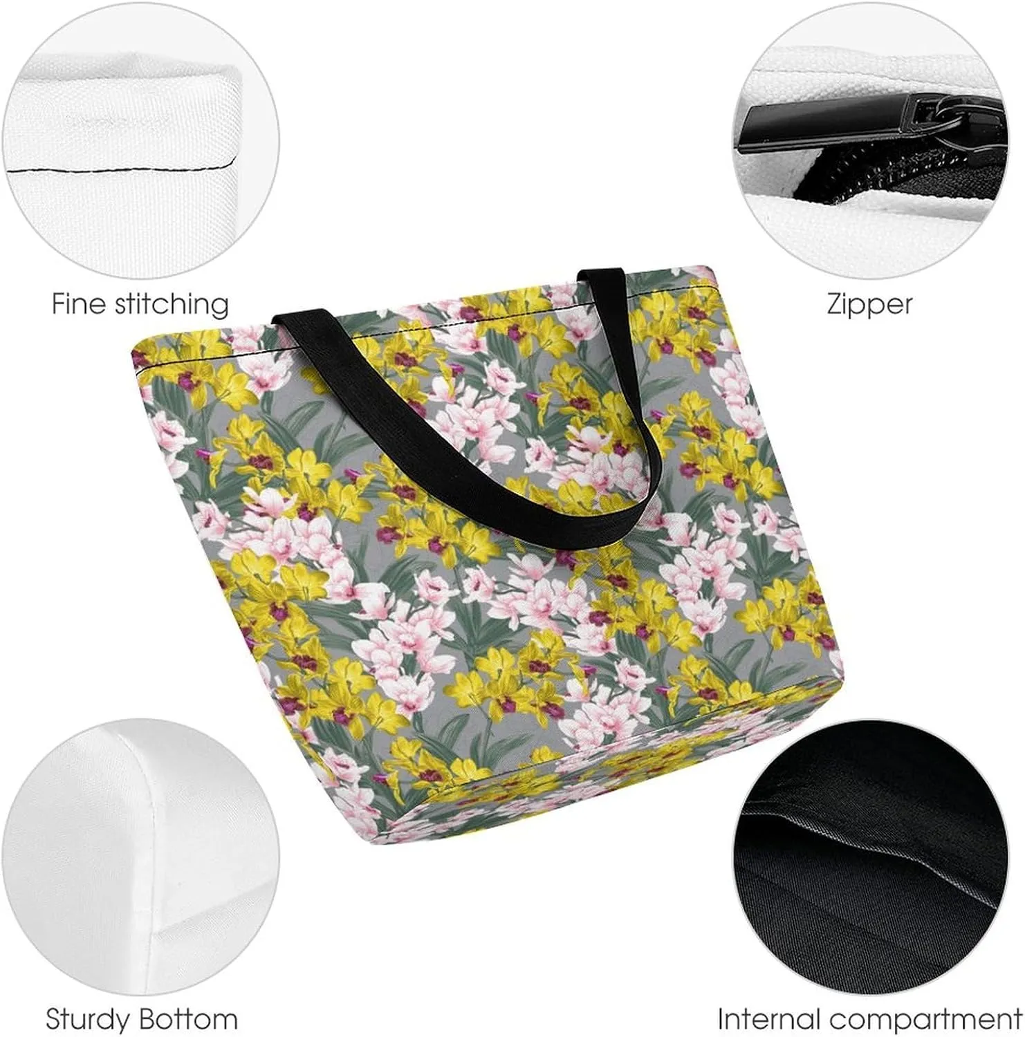 Yellow Pink Orchid Flowers Hobo Handbags With Zipper Women's Tote Handbags