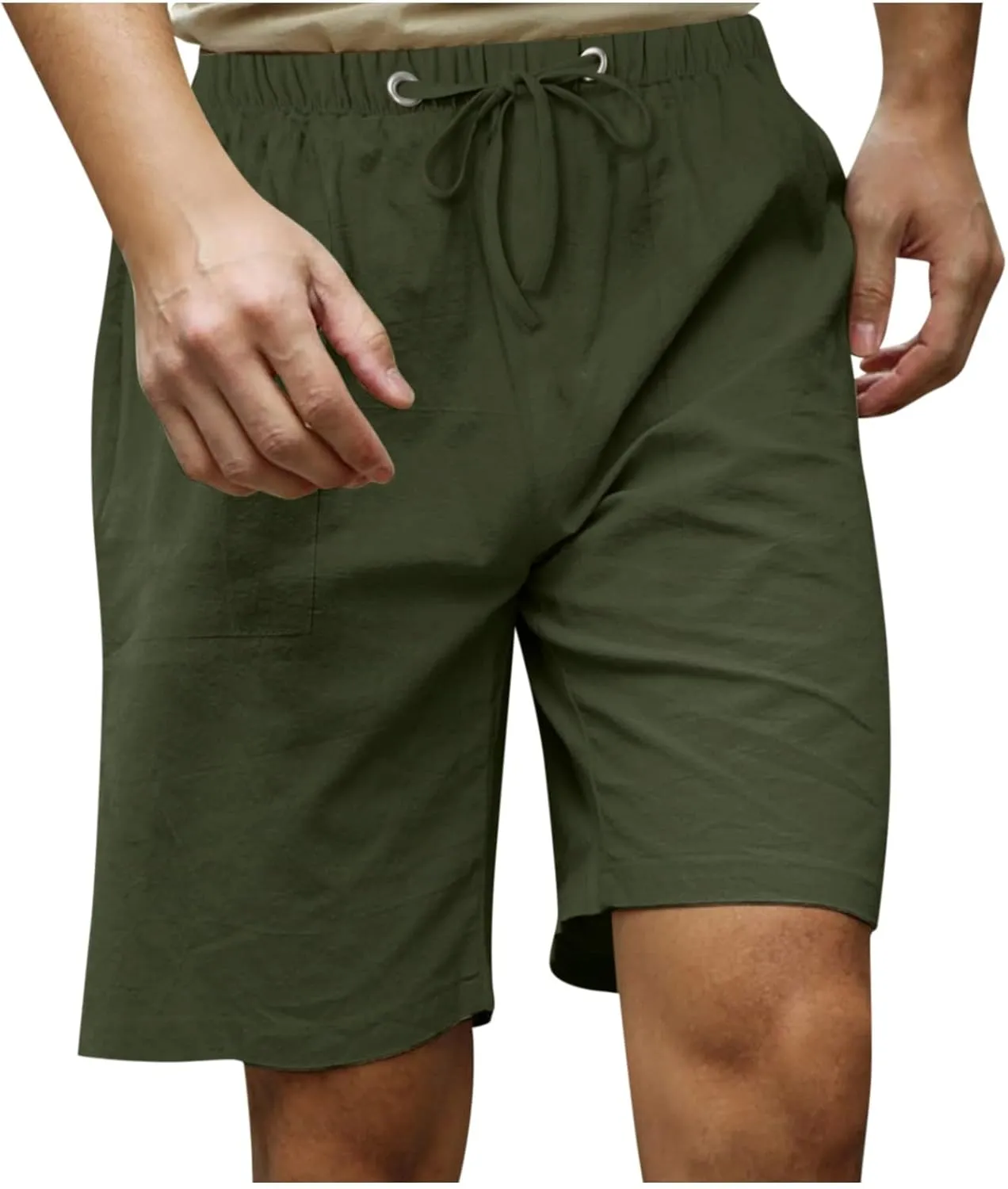 Ymosrh Men's Shorts Fashion Casual Cotton Hemp Drawstring Solid Color Beach Shorts Pants Casual, M-5XL