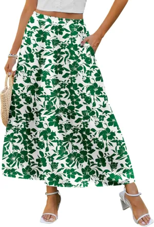 Zeagoo Women's Boho Midi Skirt Floral Print Boho Casual Ruffled Casual Summer Dress Flowy Swing Dress Skirt with Pocket