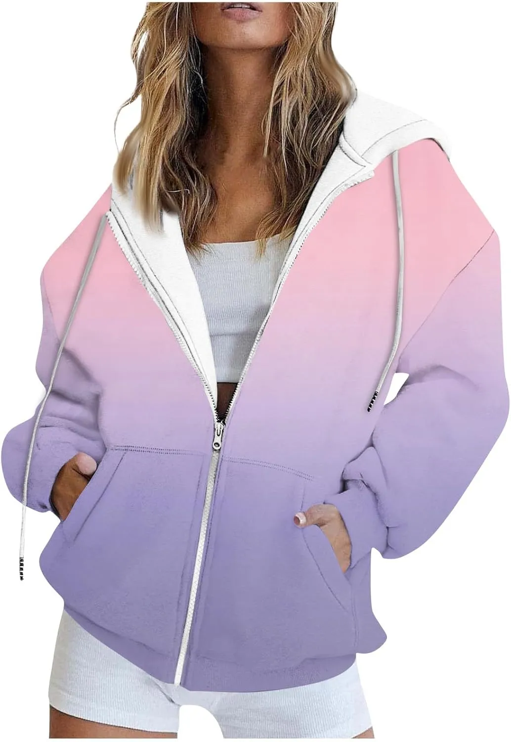 Zip Up Hoodie Women Oversized Fall Outfits Sweaters Lightweight Long Sleeve Sweatershirts with Pockets